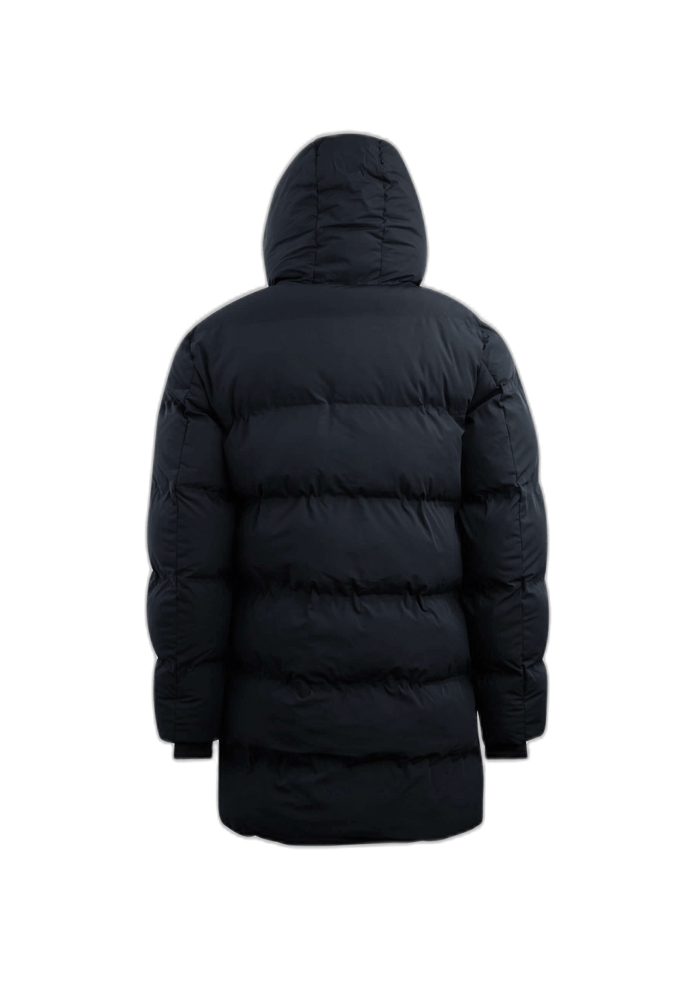 Back view of Supremo Coat Black, a stylish short puffer coat designed for winter warmth and comfort.