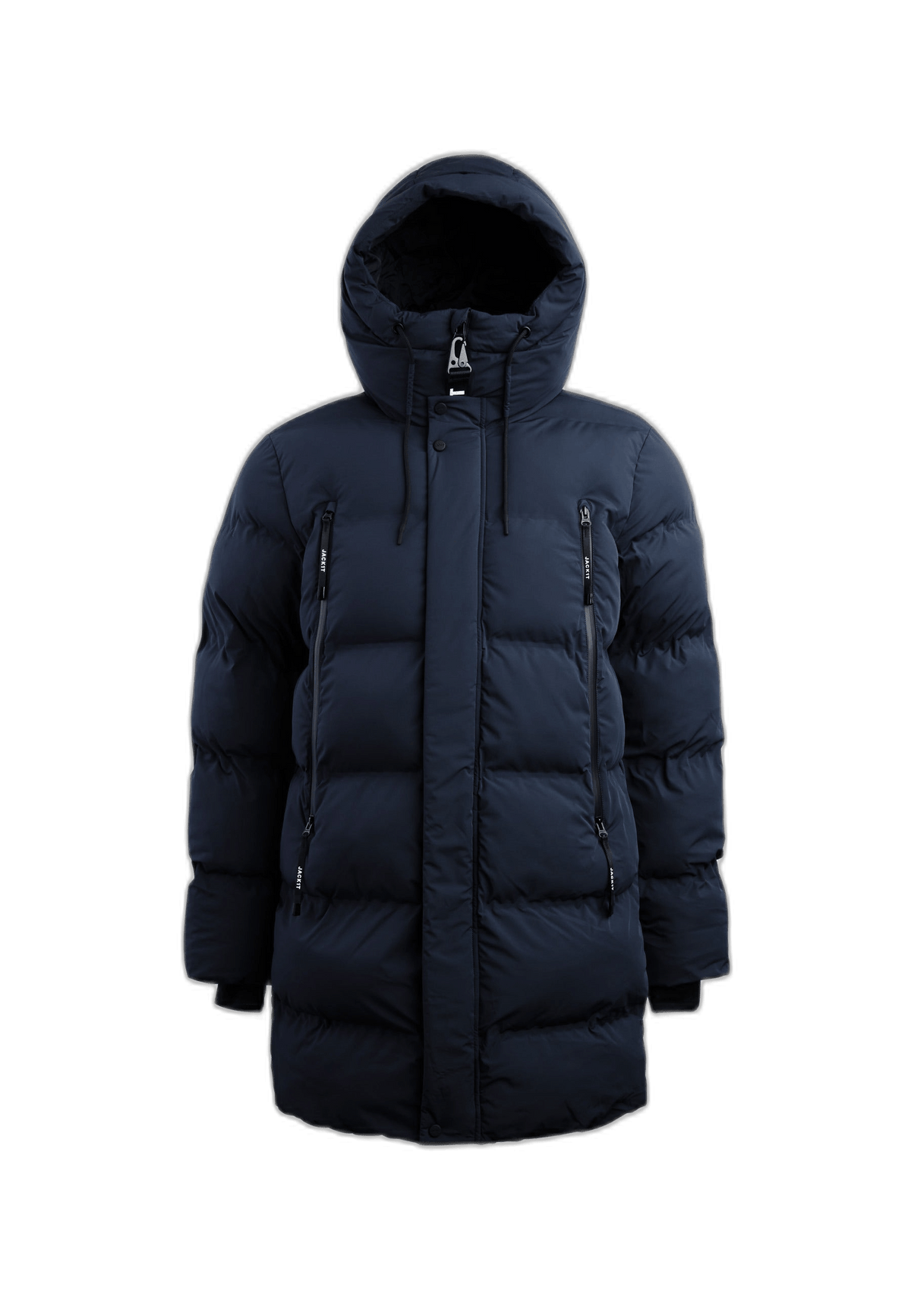 Supremo Coat Navy, a premium mens puffer coat featuring a structured silhouette and waterproof zip pockets.