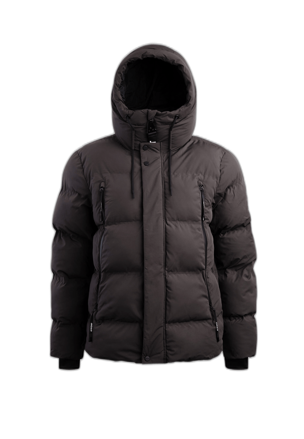 Supremo Frontier Dark Coffee mens puffer jacket with hood and waterproof zips for winter outdoor protection.