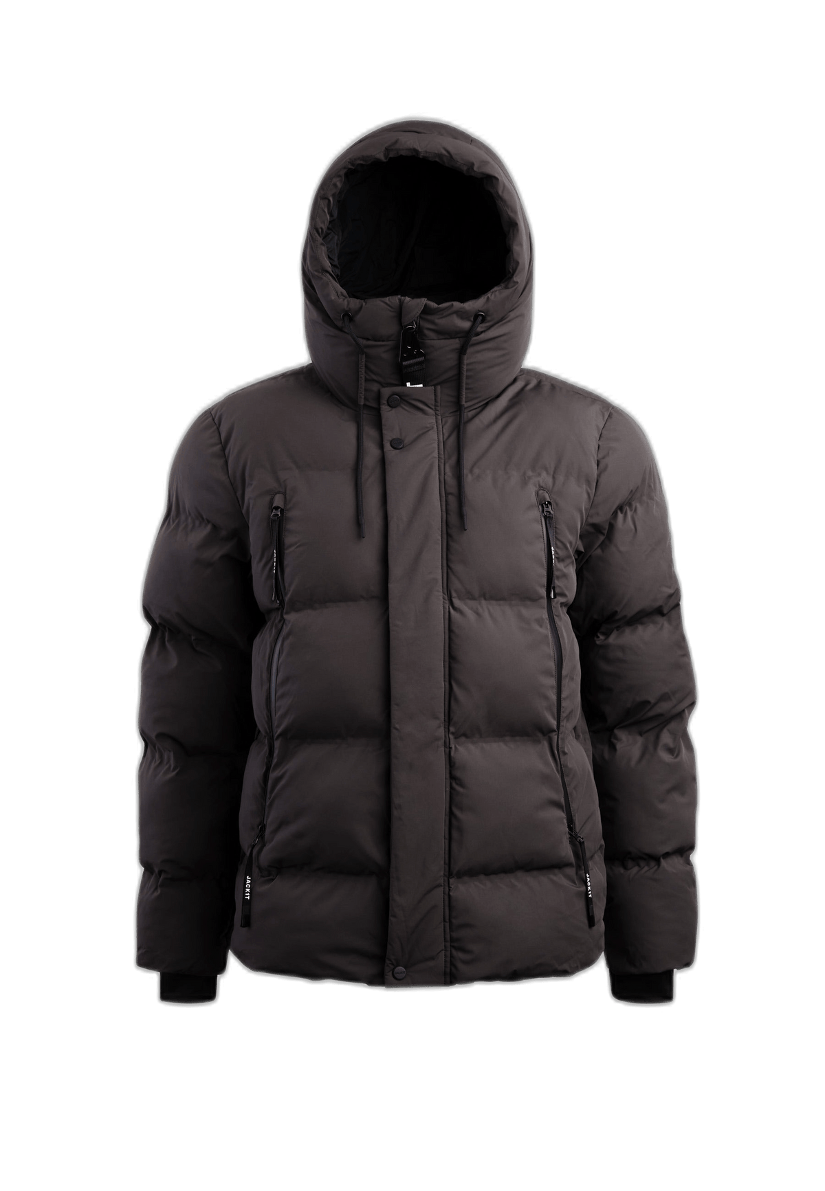 Supremo Frontier Dark Coffee mens puffer jacket with hood and waterproof zips for winter outdoor protection.