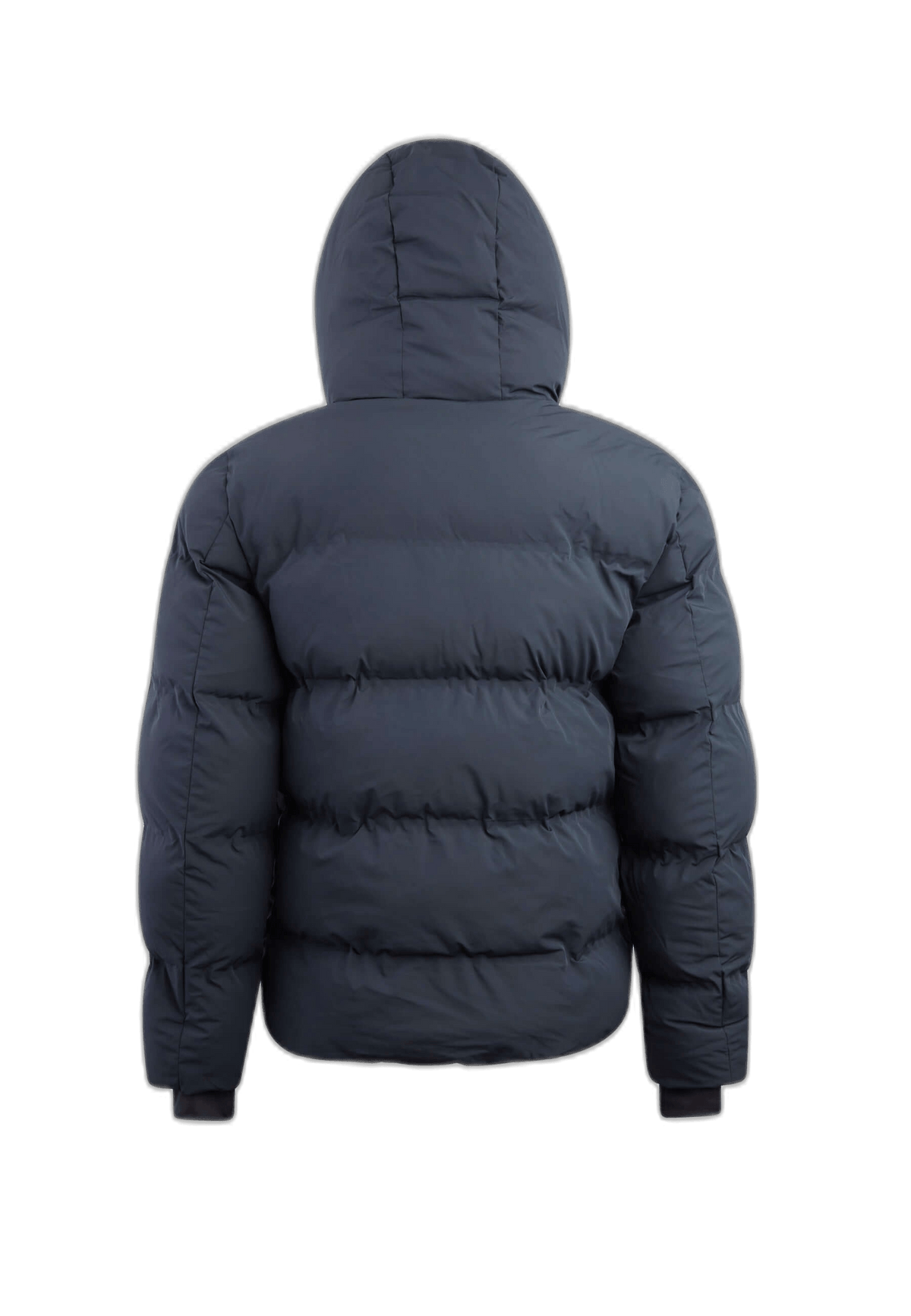Back view of Supremo Frontier mens puffer jacket black with hood and stylish puffer design.