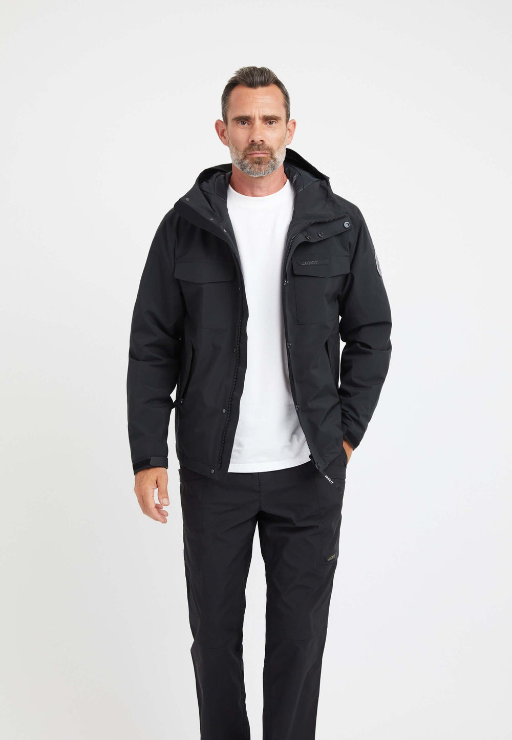 Thorium Hooded Jacket Black on model front view by JACK1T