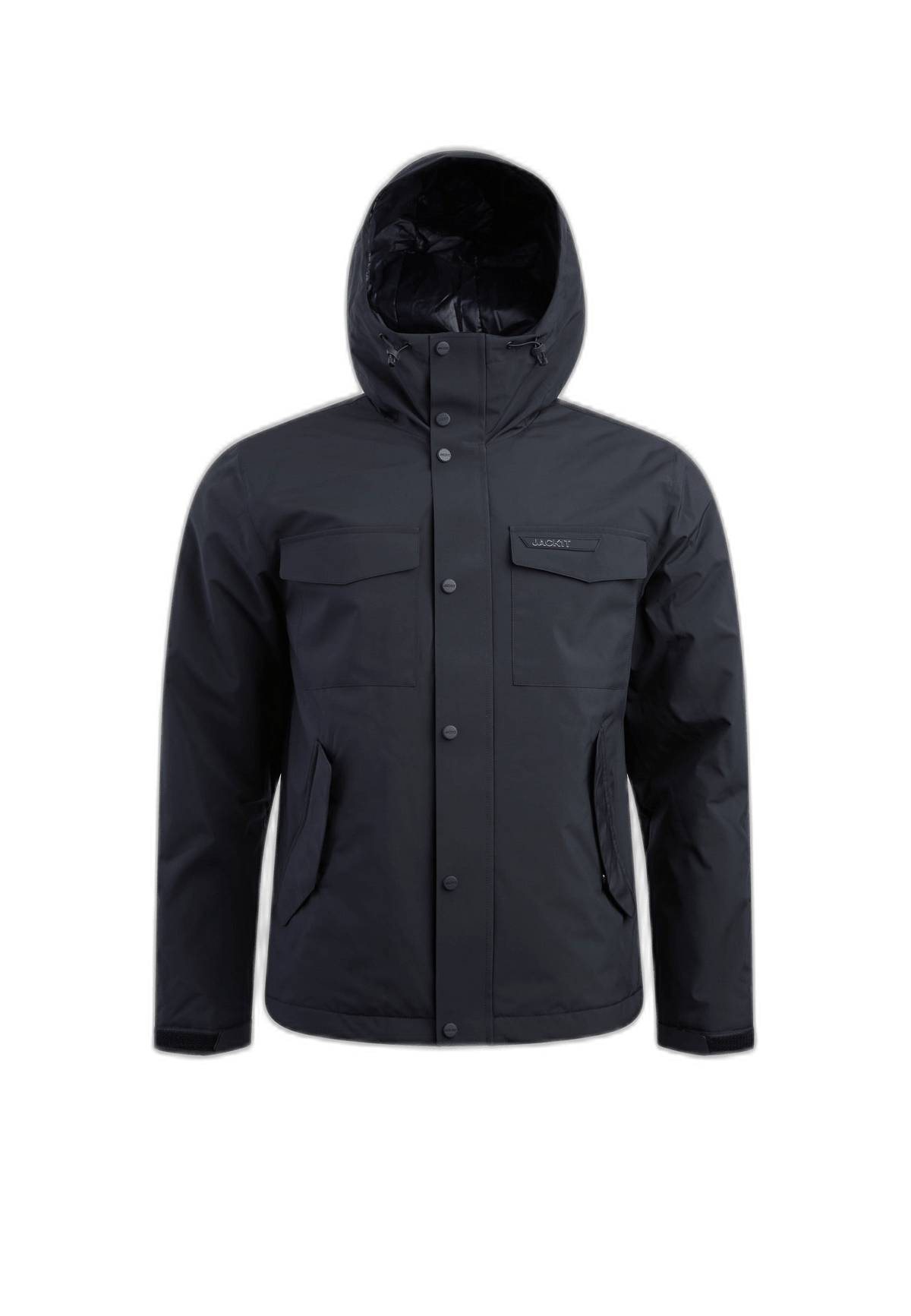 Mens black puffer jacket displayed, featuring a hood, adjustable cuffs, and multiple utility pockets.