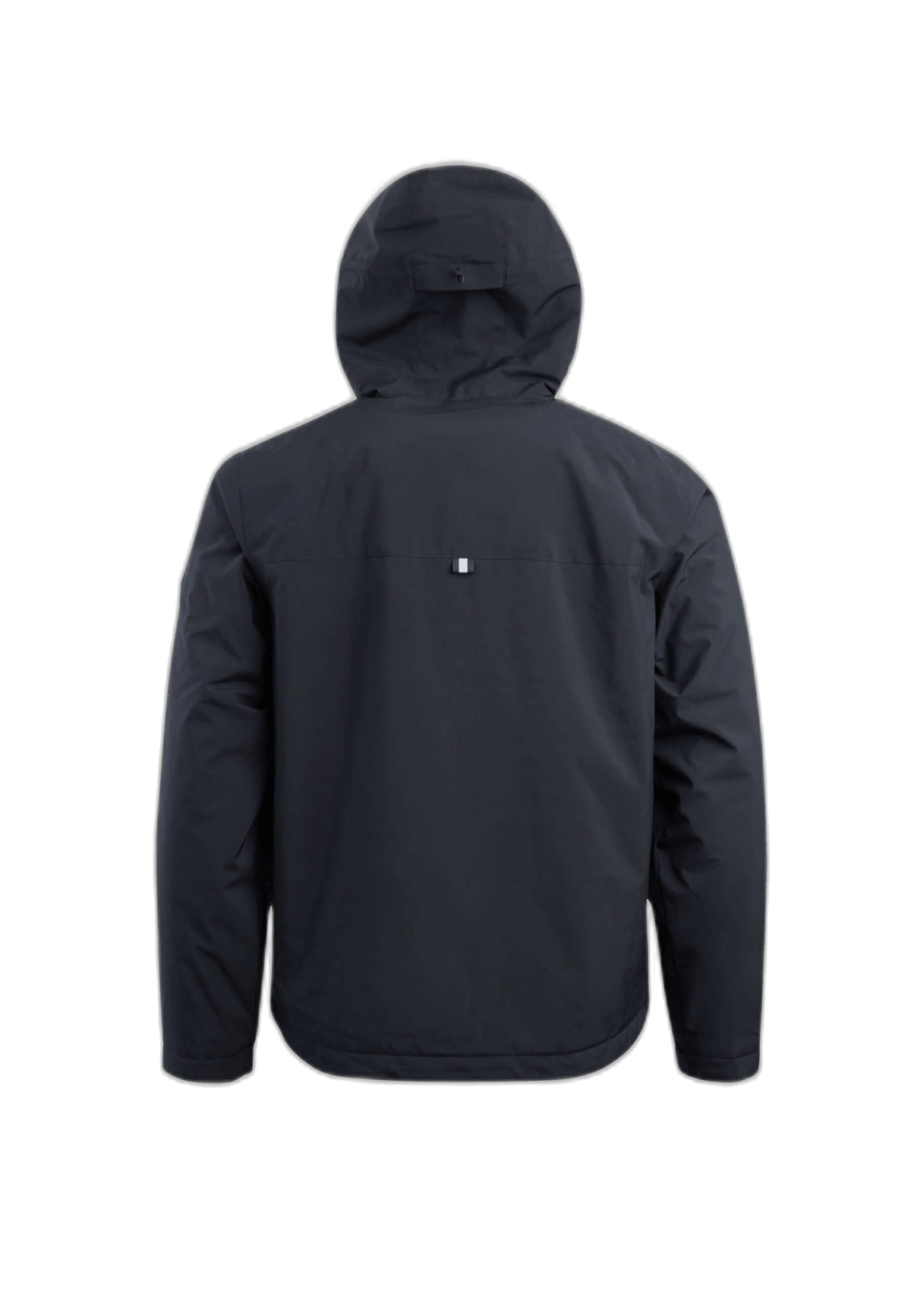 Back view of Mens black puffer jacket featuring a hood and sleek design.