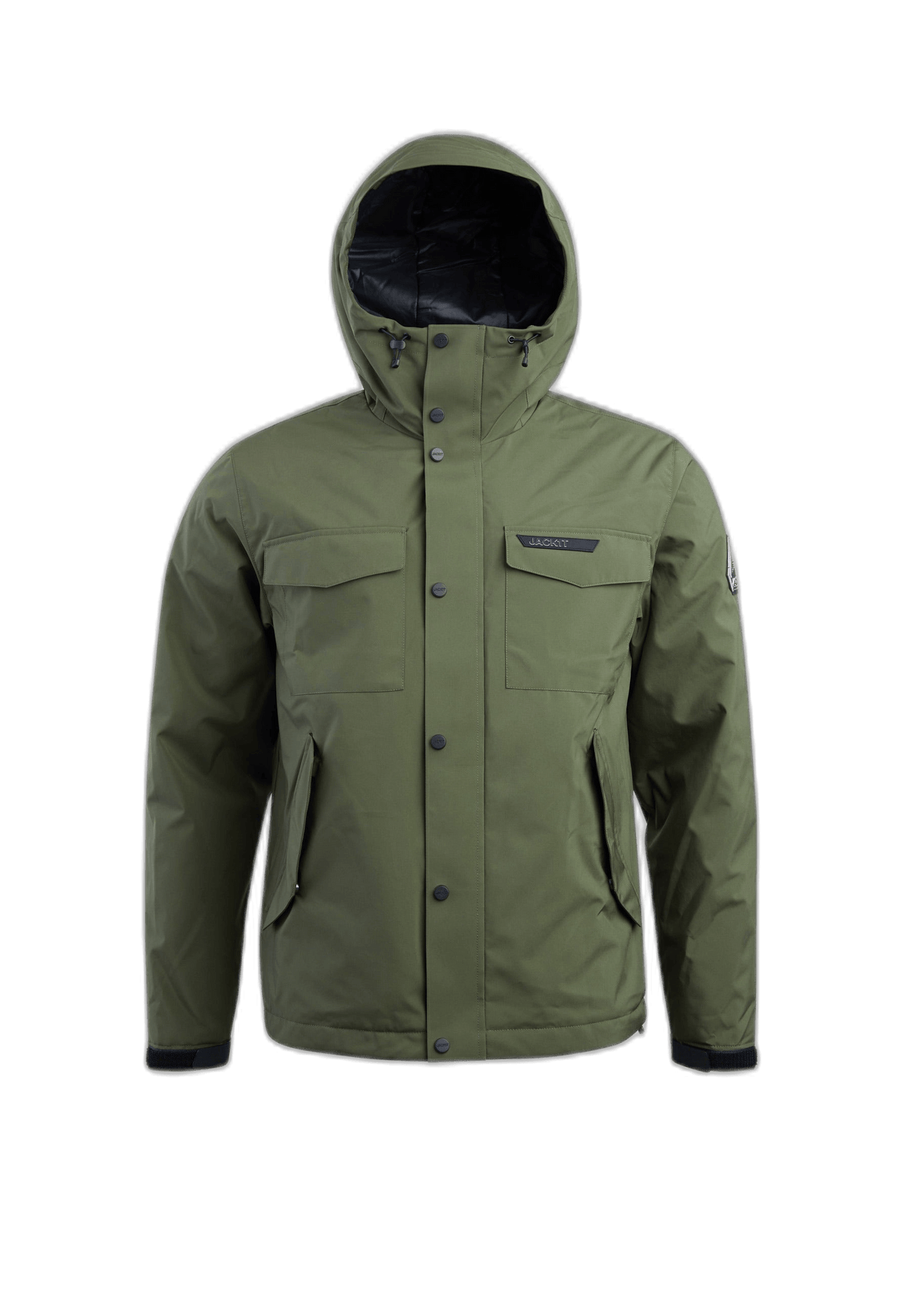 Mens green puffer jacket featuring a hood, utility pockets, and a structured shell in deep olive color.