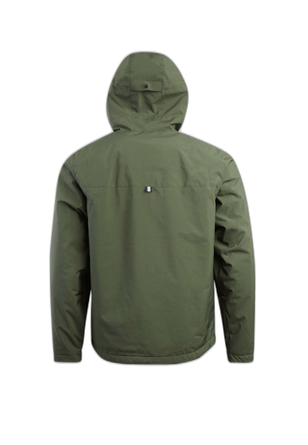 Back view of Thorium Hooded Jacket in deep olive color, showcasing a mens green puffer jacket design with hood.