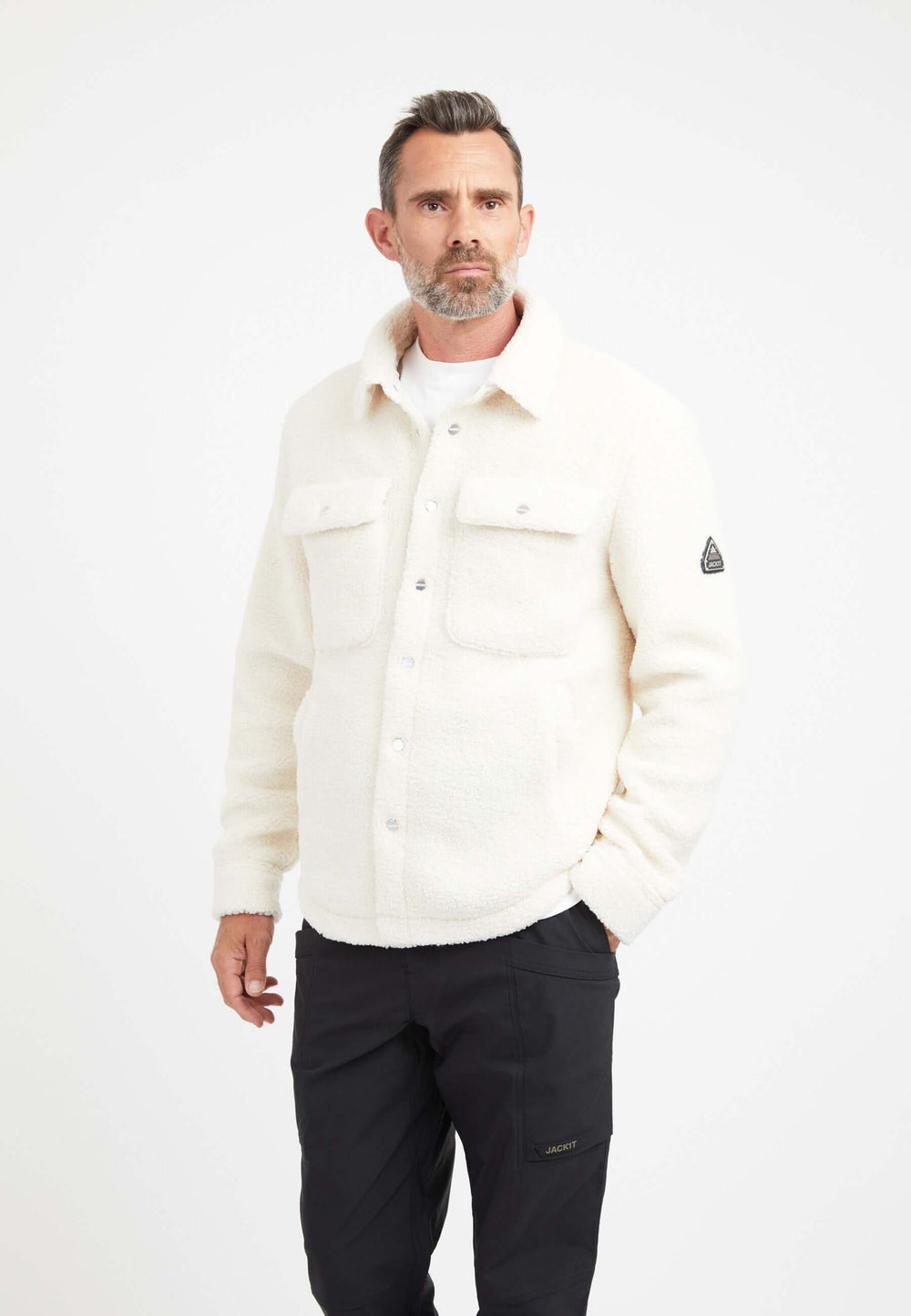 Sherpa Shirt Jacket Ecru on model front view by JACK1T