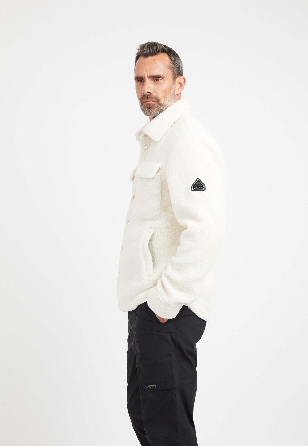 Sherpa Shirt Jacket Ecru on model back view by JACK1T