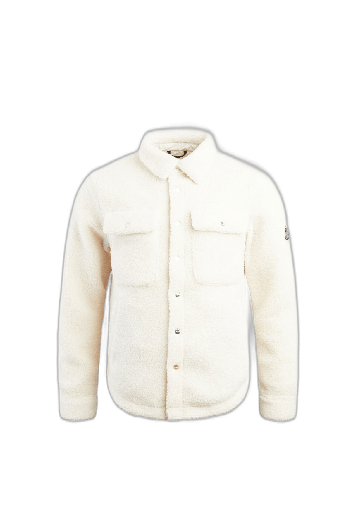 Sherpa shirt jacket cream in ecru color with snap front and chest pockets, offering lightweight warmth and modern British style.