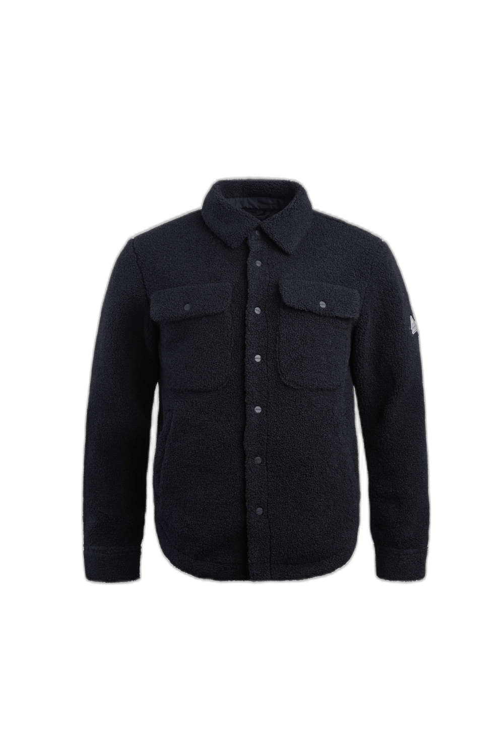 Sherpa Shirt Jacket Black featuring snap front, structured collar, and chest pockets in plush sherpa fabric.