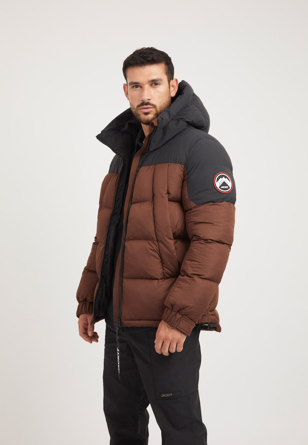 Luna Puffer Jacket Mid Brown/Black on model back view by JACK1T