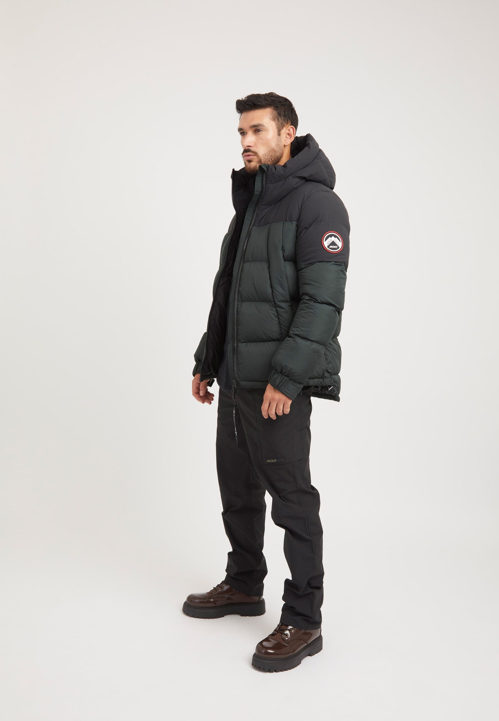Luna Puffer Jacket Olive/Black on model detail by JACK1T