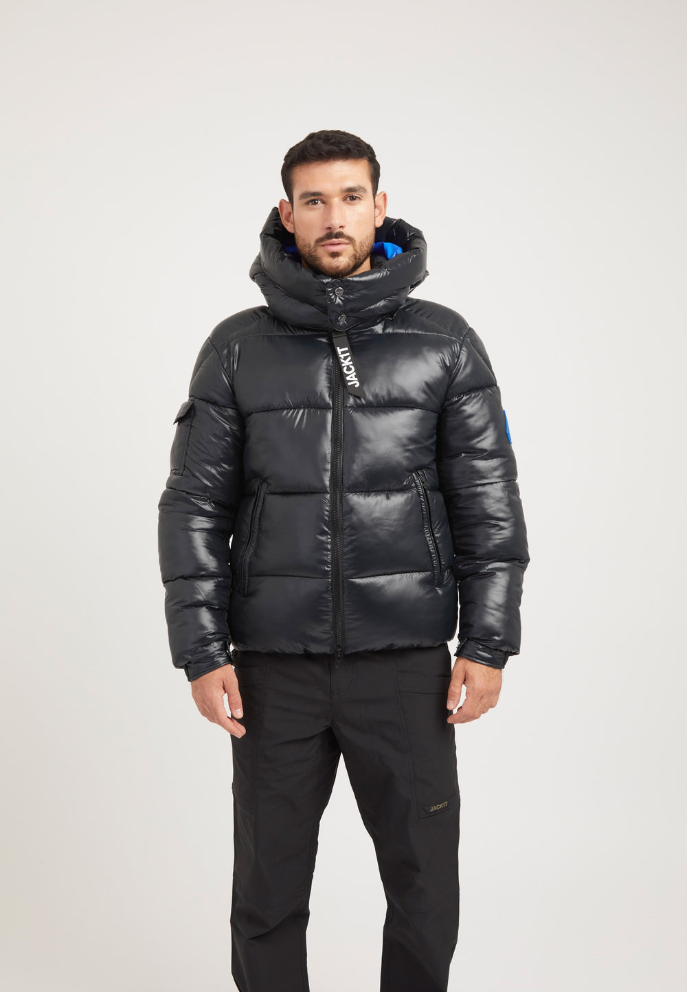 EZ Slick Racer Jacket Black/Glacial Blue on model front view by JACK1T