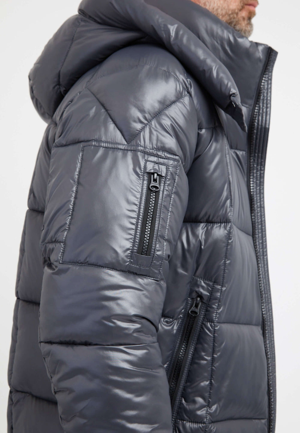 Mens grey racer jacket with tapered fit and hood, featuring durable water repellent fabric and zip pockets.