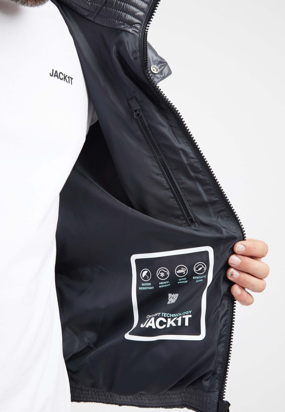 Inside view of the EZ Boxed Puffer Racer Lux Jacket in graphite black, showing lining and features of the mens grey racer jacket.