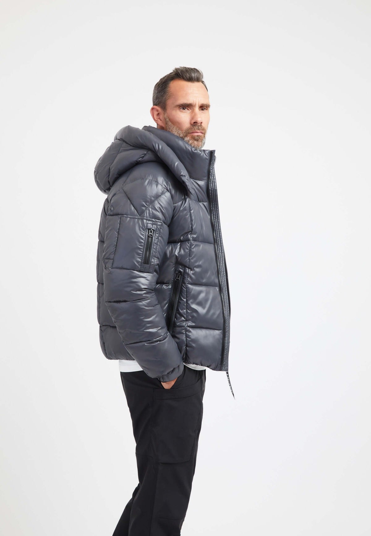Mens grey racer jacket in graphite black, featuring tapered fit and cozy hood.