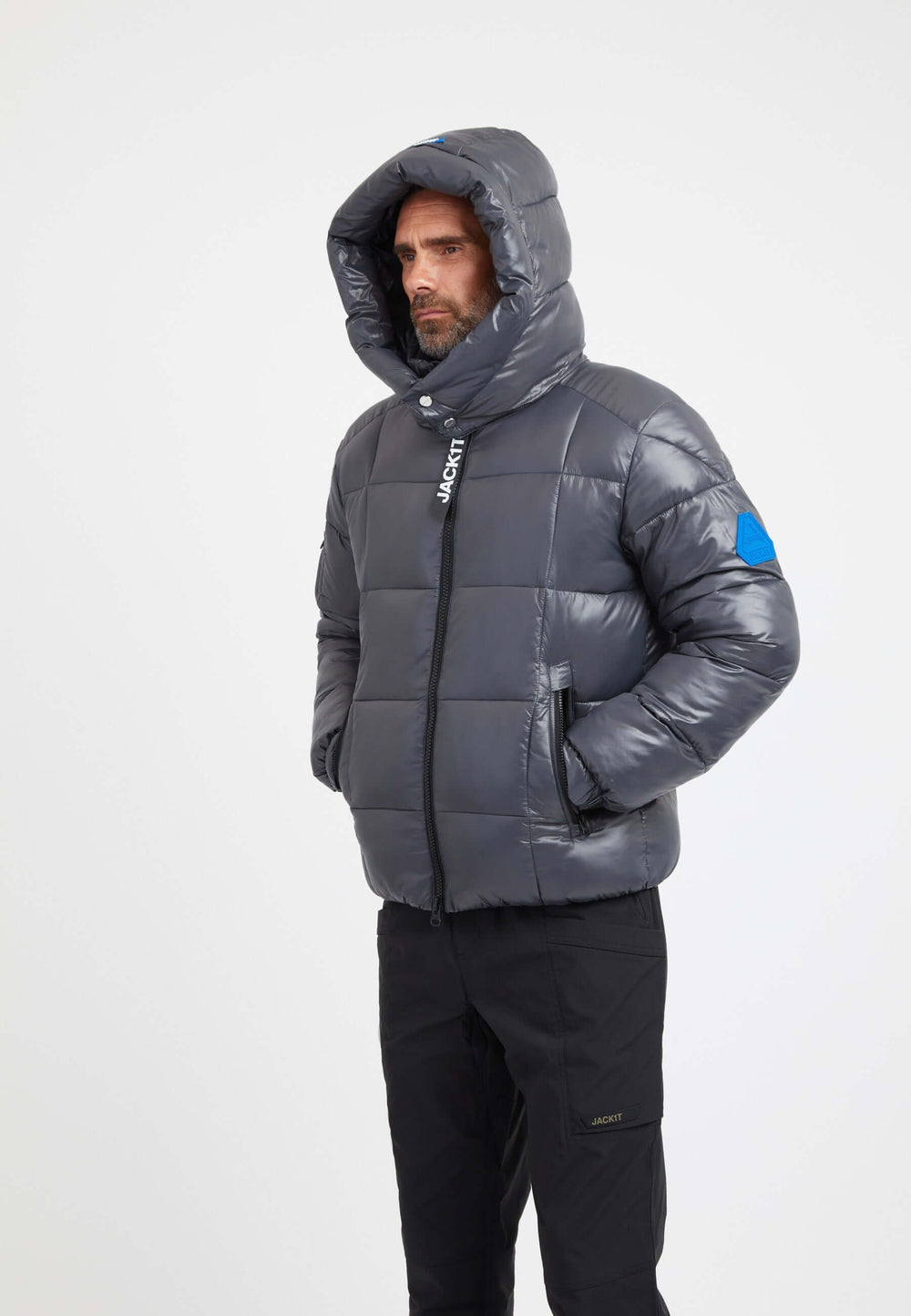 Mens grey racer jacket with hood in graphite black, featuring premium insulation and a tapered fit.