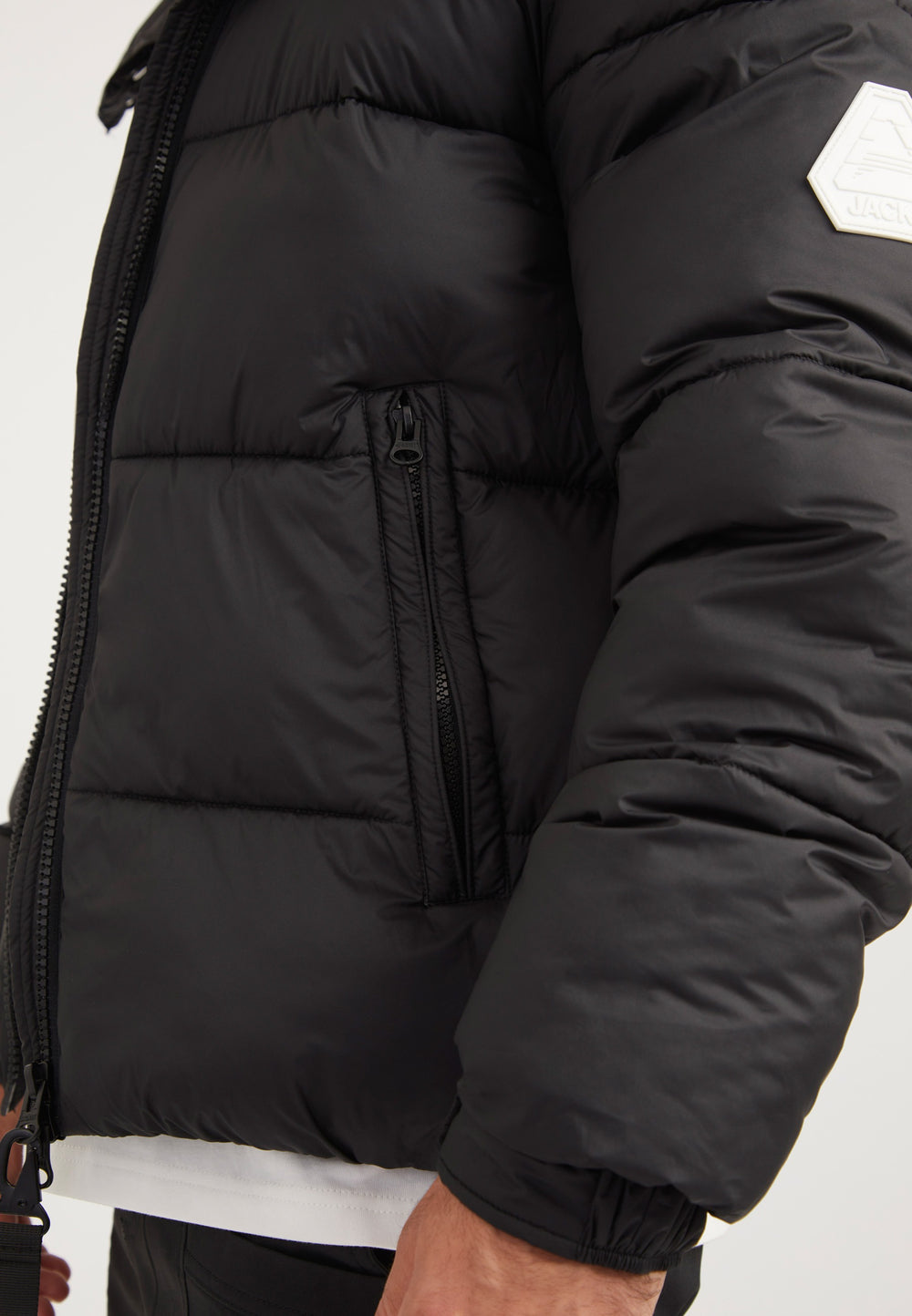 EZ Puffer Racer Jacket Matt Black detail shot by JACK1T