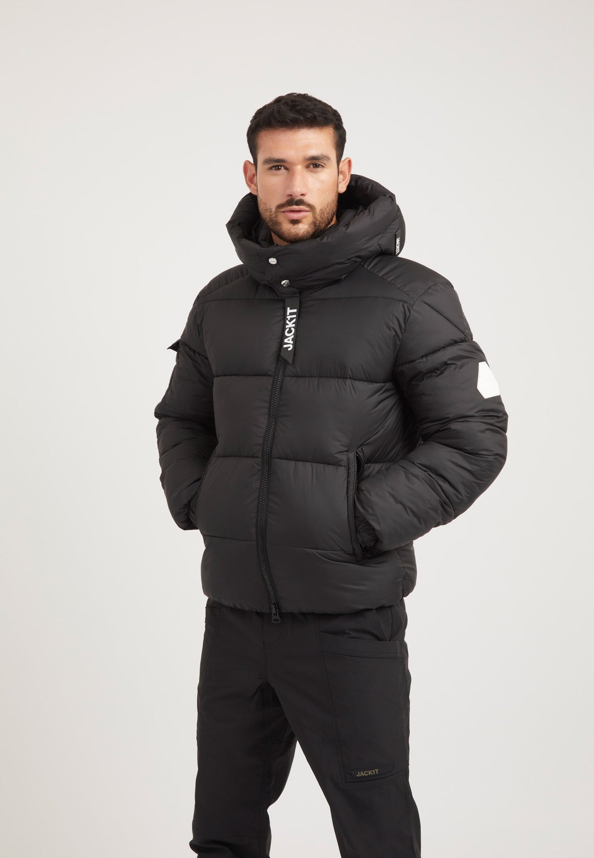 EZ Puffer Racer Jacket Matt Black on model front view by JACK1T