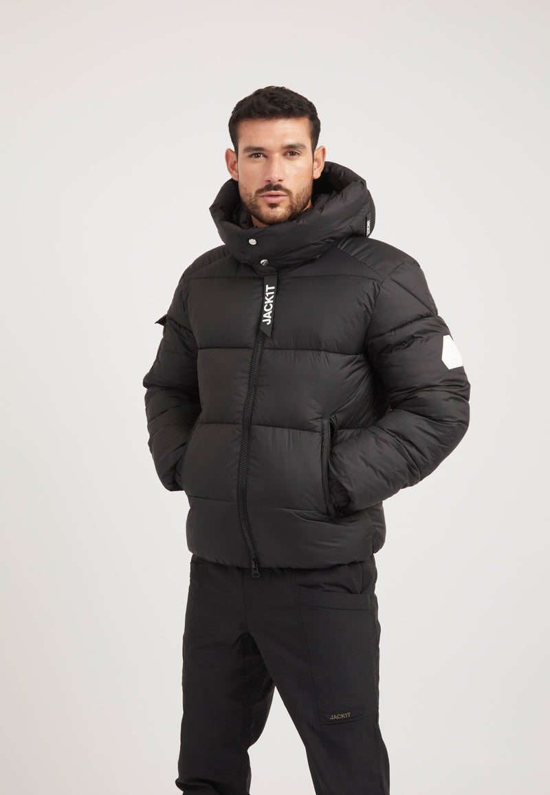 EZ Puffer Racer Jacket Matt Black on model front view by JACK1T