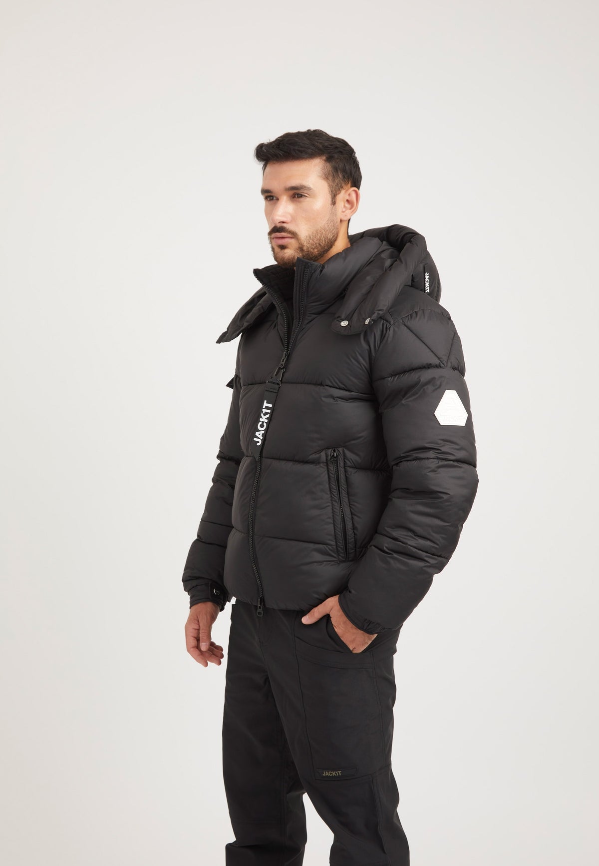 EZ Puffer Racer Jacket Matt Black on model back view by JACK1T