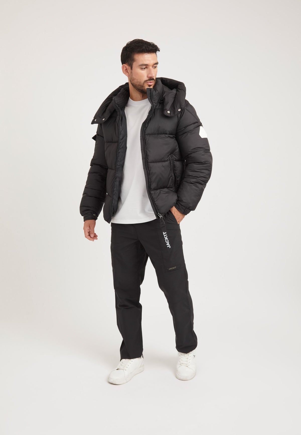 EZ Puffer Racer Jacket Matt Black on model detail by JACK1T