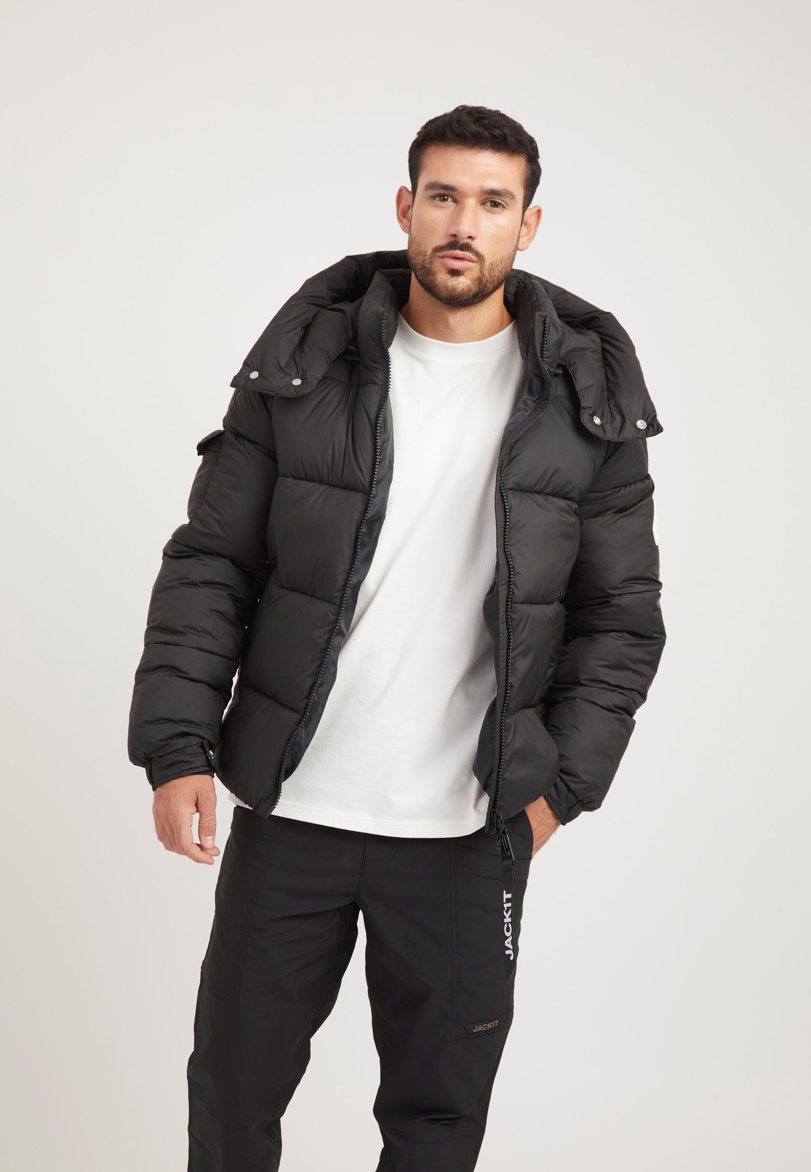 EZ Puffer Racer Jacket Matt Black styled shot by JACK1T