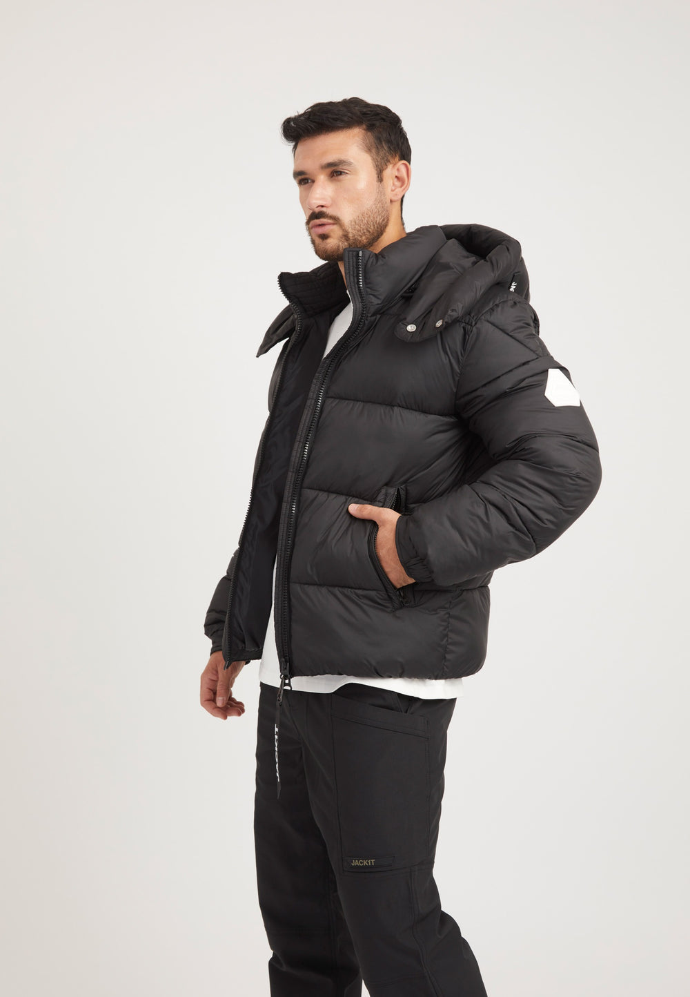 EZ Puffer Racer Jacket Matt Black styled shot by JACK1T
