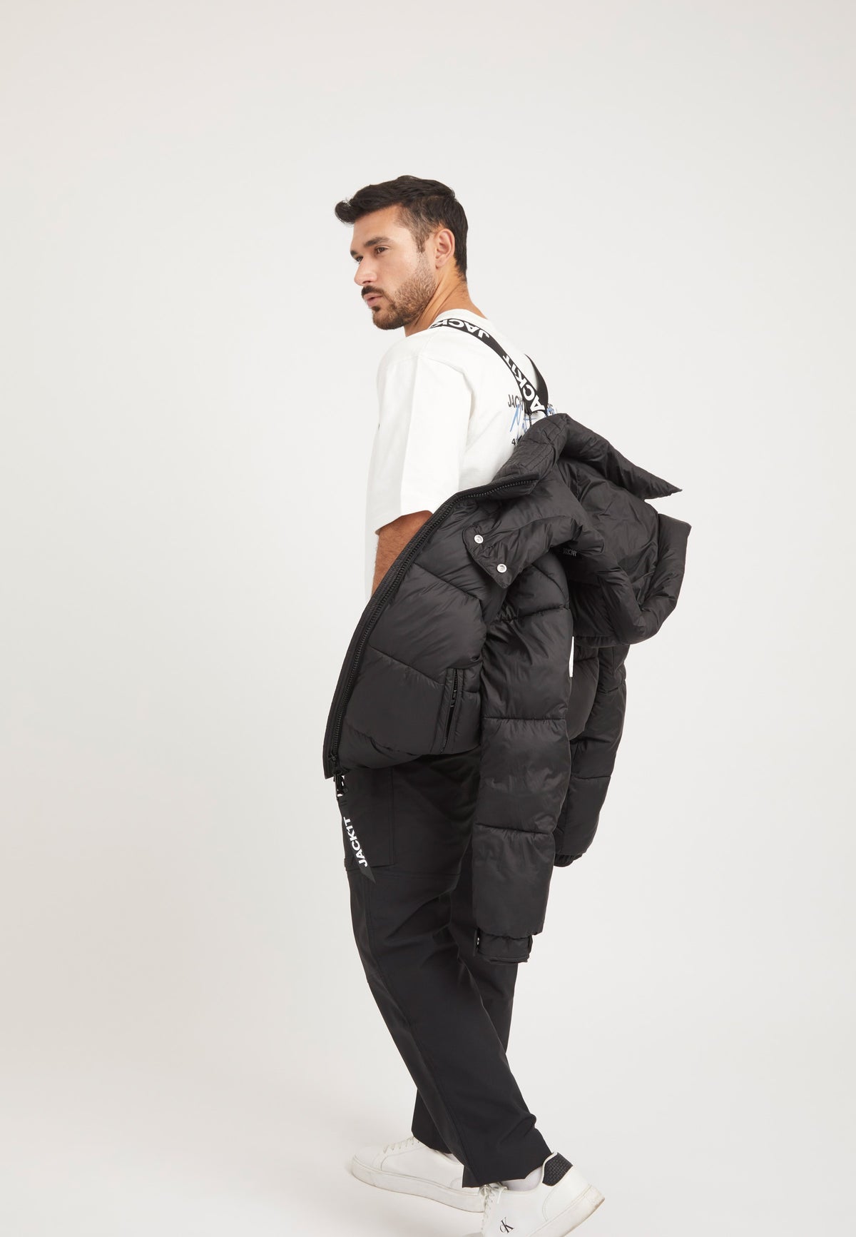 EZ Puffer Racer Jacket Matt Black styled shot by JACK1T