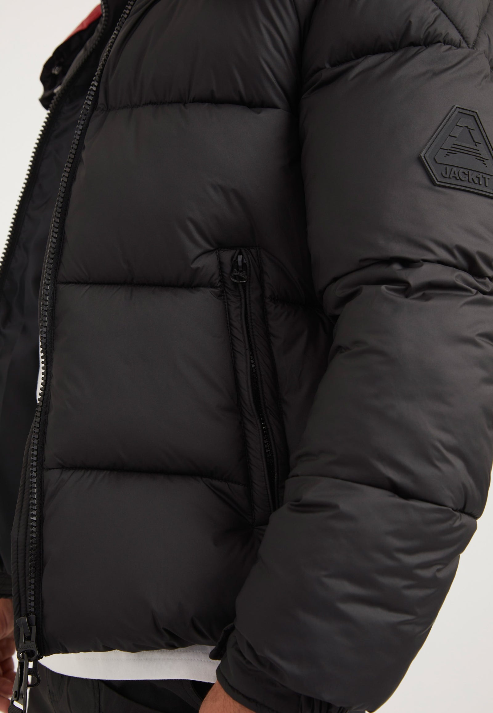 EZ Puffer Racer Jacket Black/Cherry Red detail shot by JACK1T