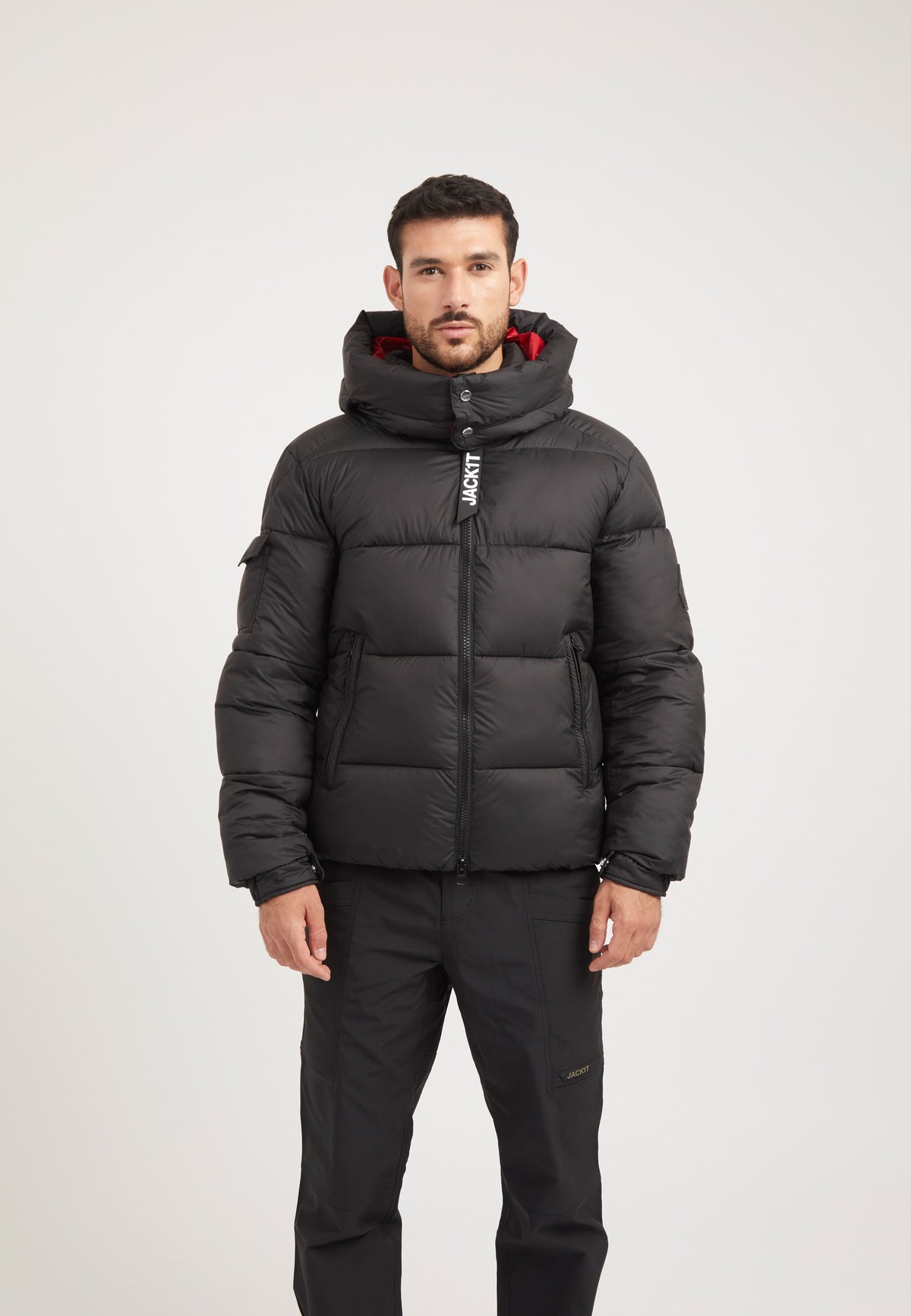 EZ Puffer Racer Jacket Black/Cherry Red on model front view by JACK1T