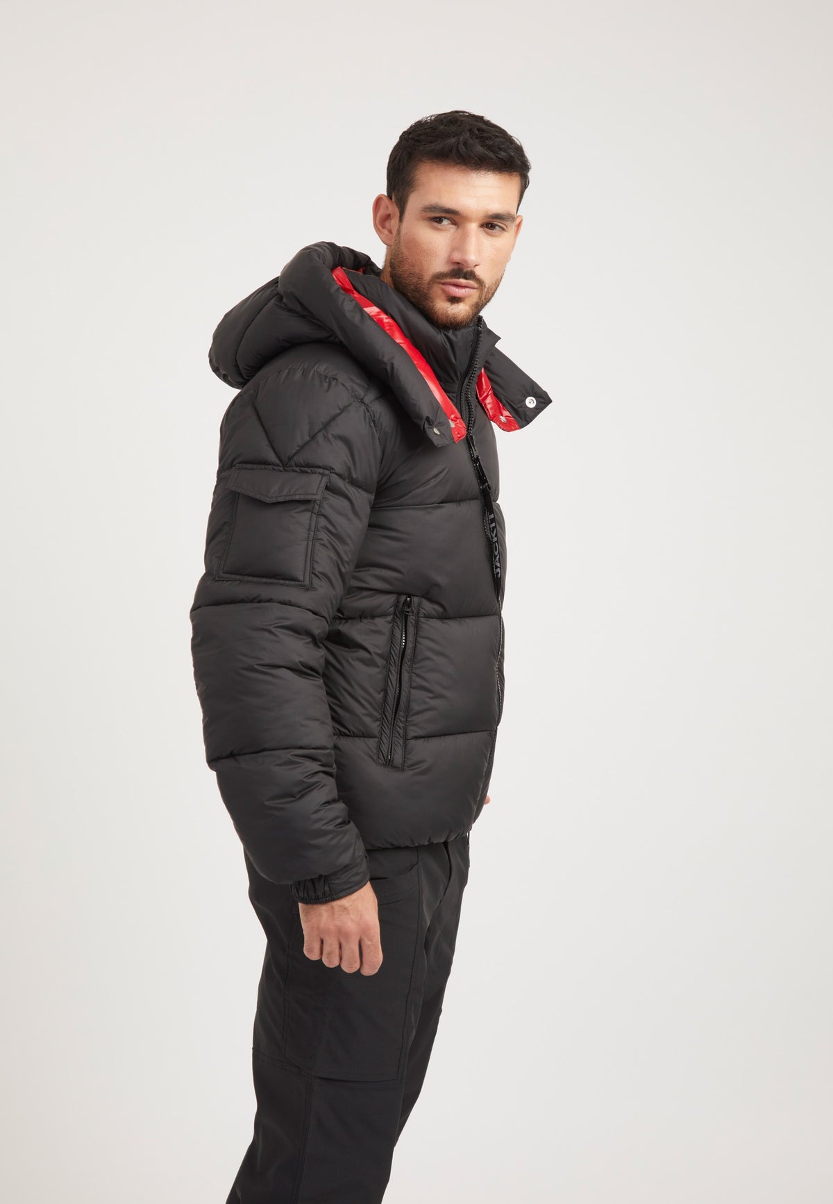 EZ Puffer Racer Jacket Black/Cherry Red on model back view by JACK1T