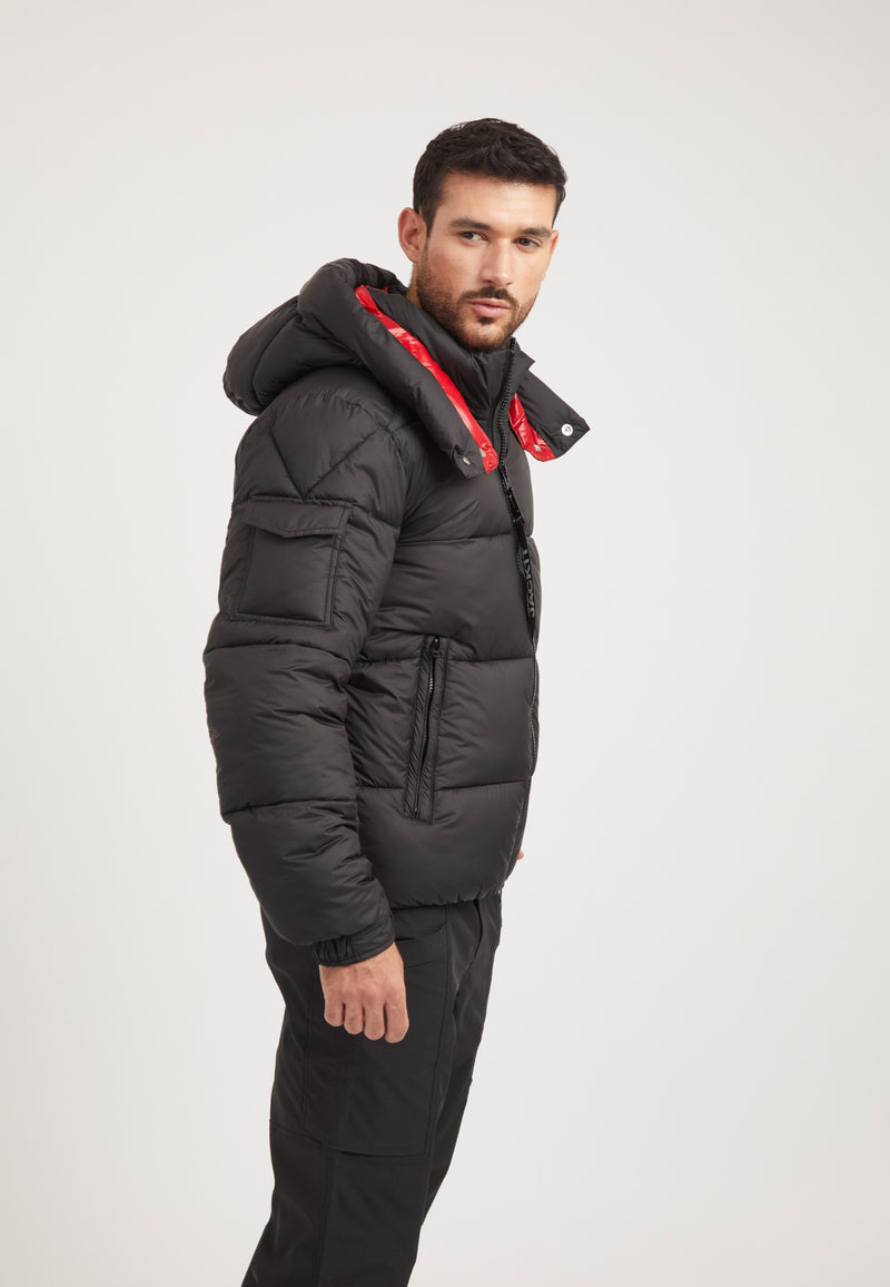 EZ Puffer Racer Jacket Black/Cherry Red on model back view by JACK1T