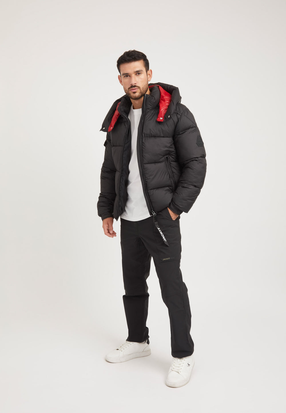EZ Puffer Racer Jacket Black/Cherry Red on model detail by JACK1T