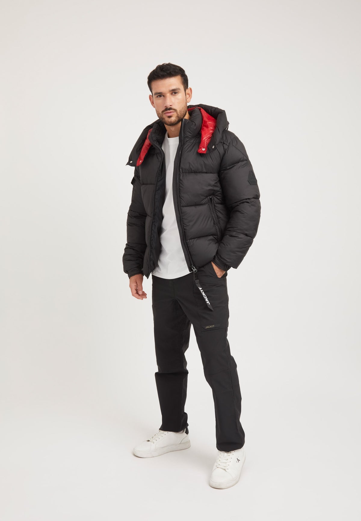 EZ Puffer Racer Jacket Black/Cherry Red on model detail by JACK1T