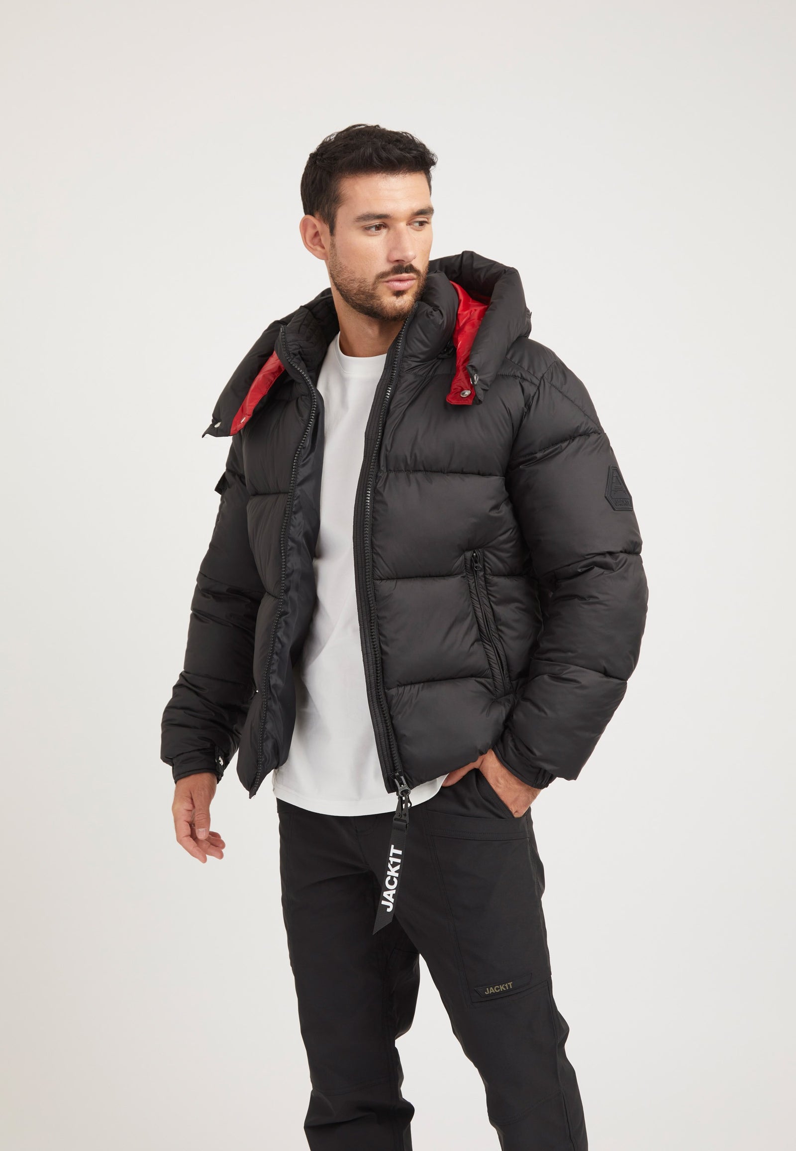 EZ Puffer Racer Jacket Black/Cherry Red styled shot by JACK1T