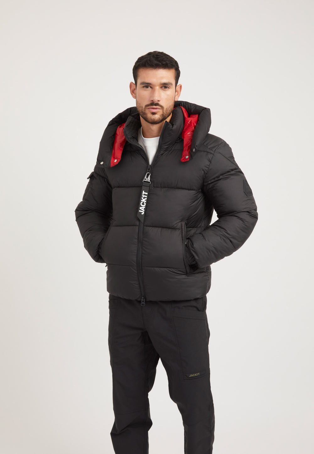 EZ Puffer Racer Jacket Black/Cherry Red styled shot by JACK1T