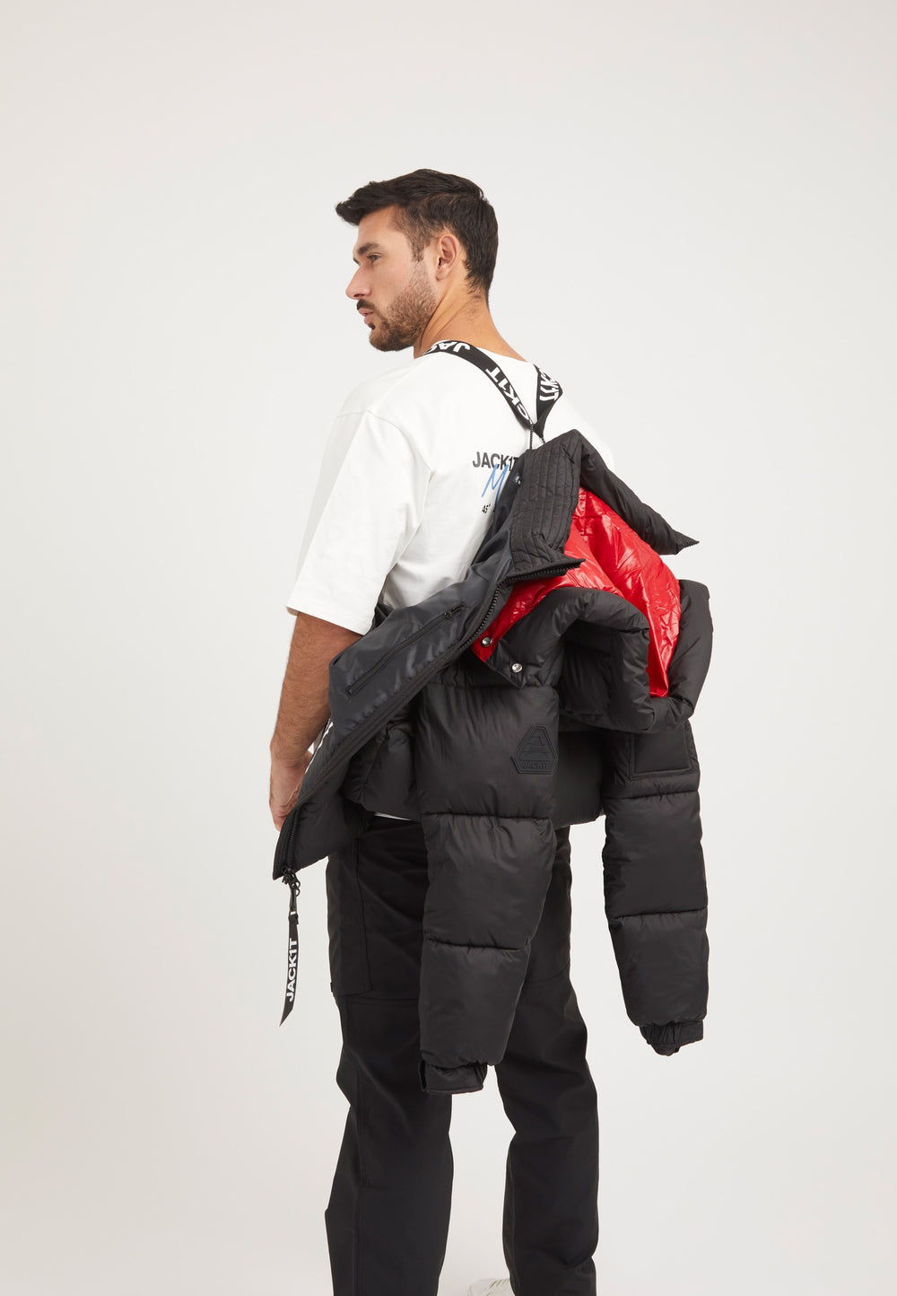 EZ Puffer Racer Jacket Black/Cherry Red styled shot by JACK1T