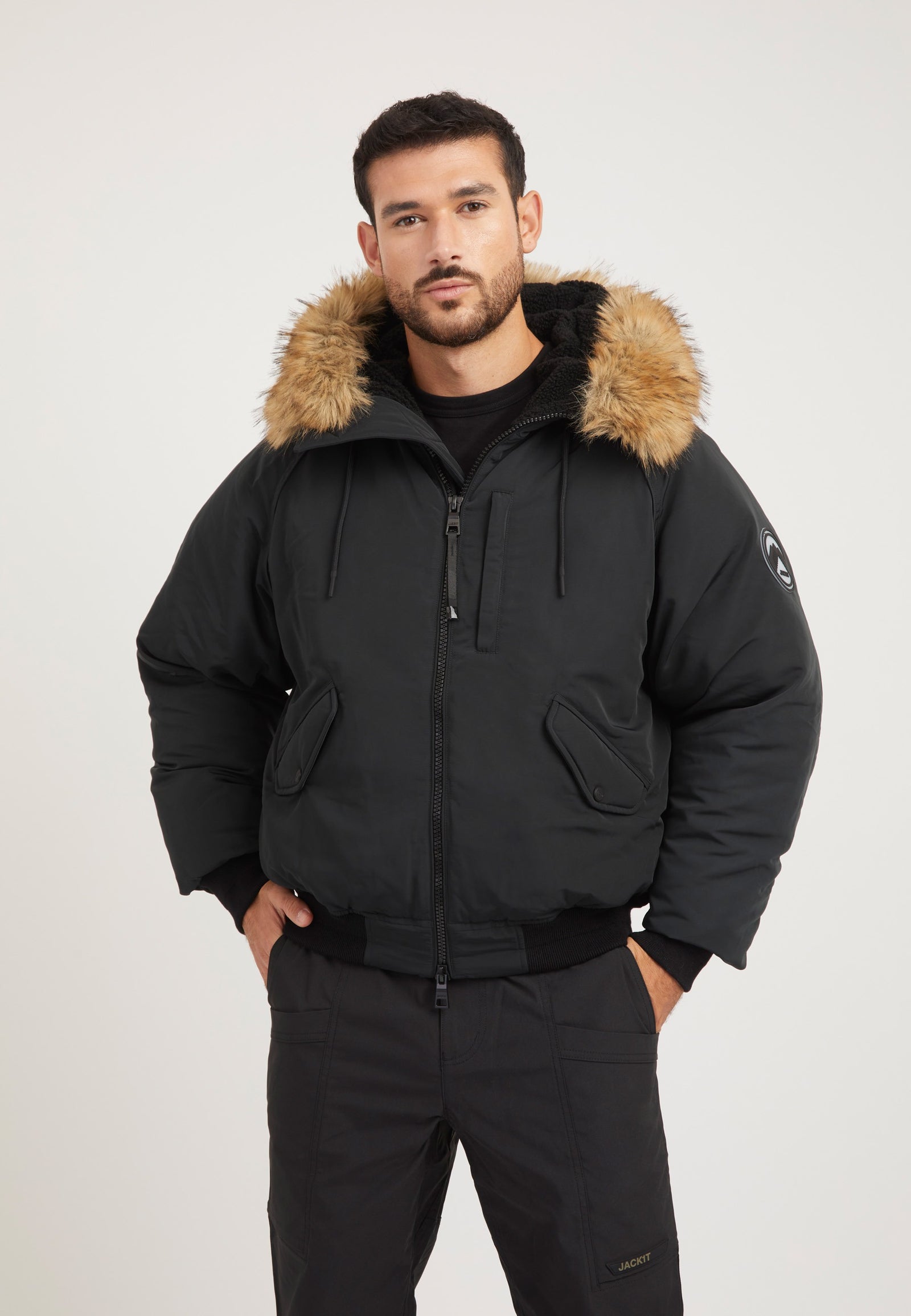 First Rescue Bomber Jacket Black on model front view by JACK1T