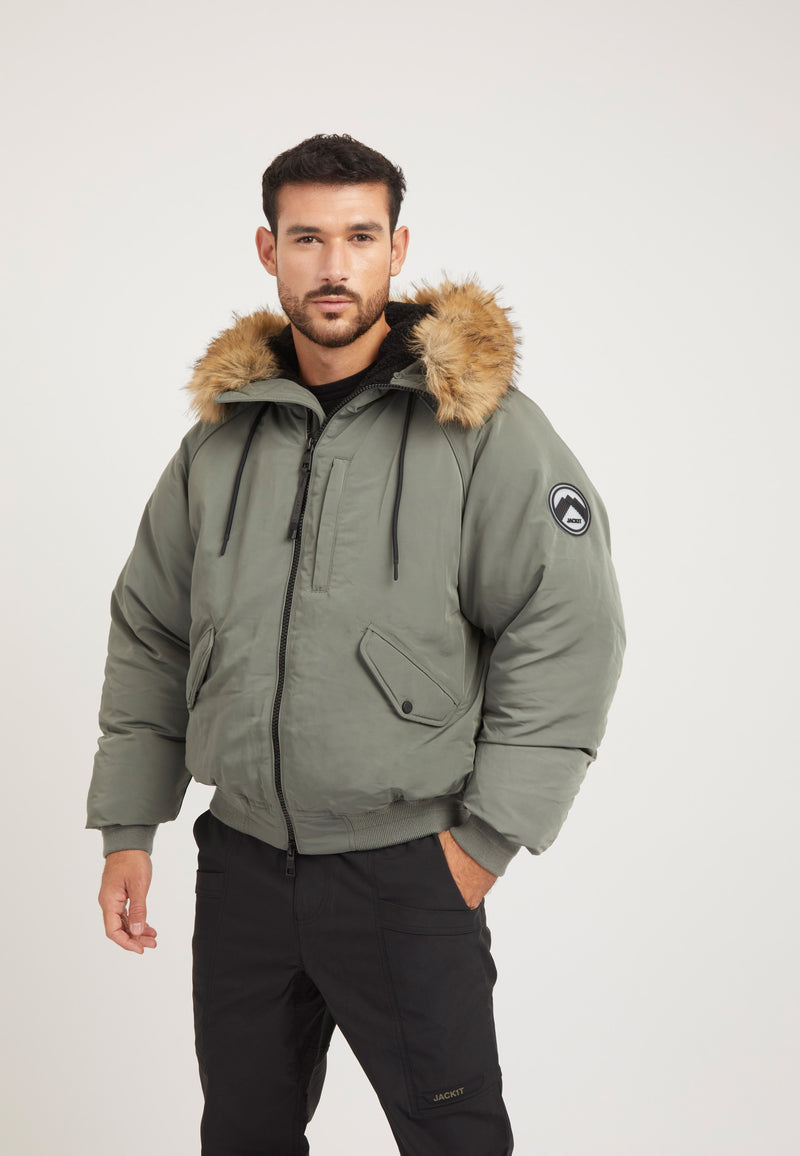 First Rescue Bomber Jacket Olive on model front view by JACK1T