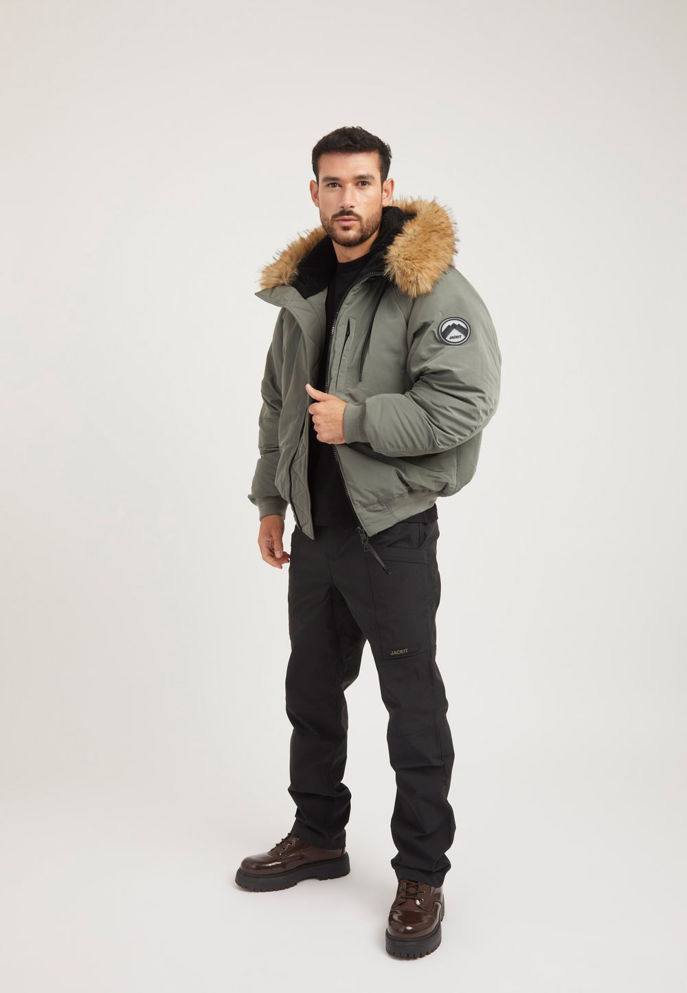 First Rescue Bomber Jacket Olive on model detail by JACK1T
