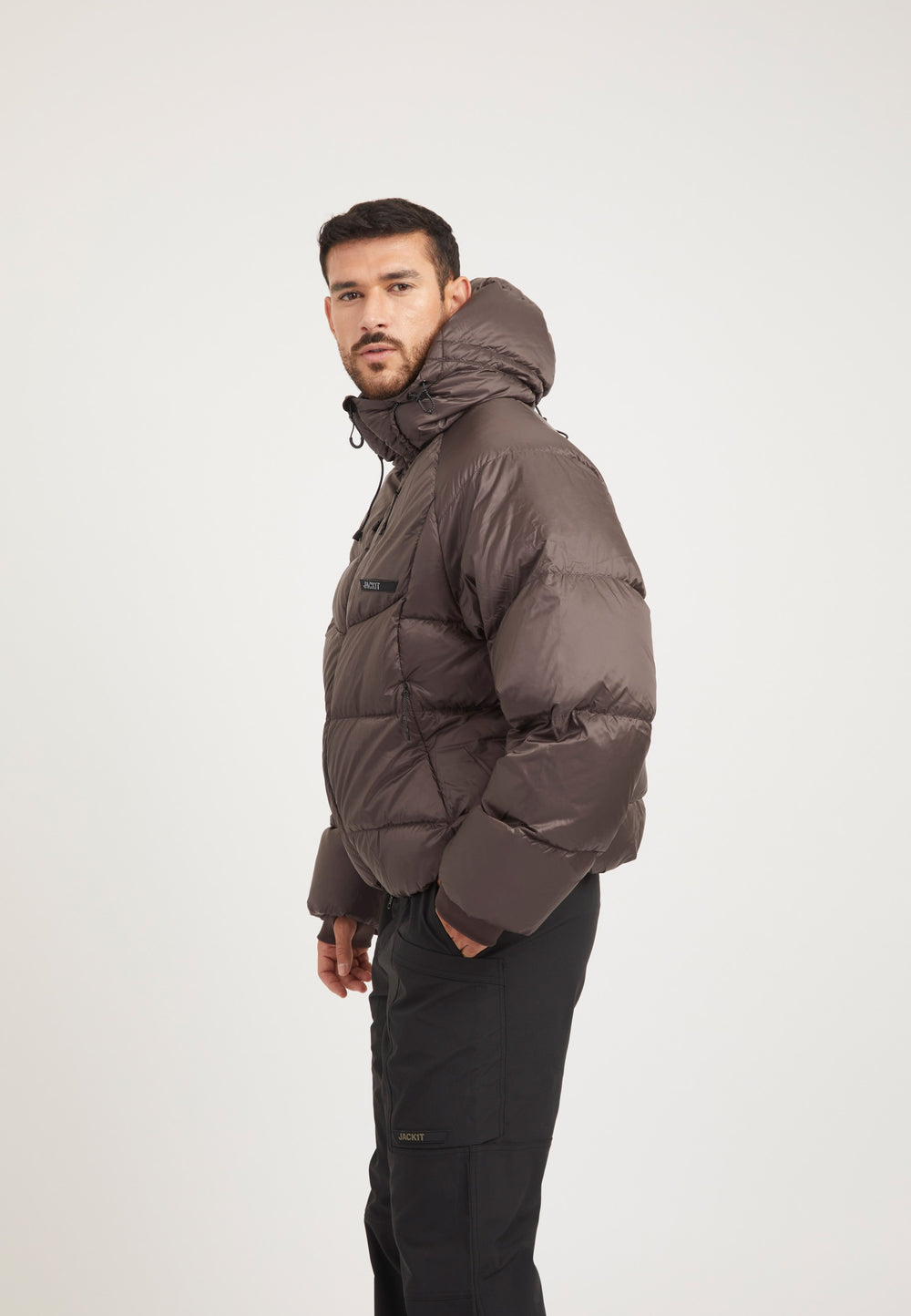 Bubble Jacket Mid Brown on model back view by JACK1T