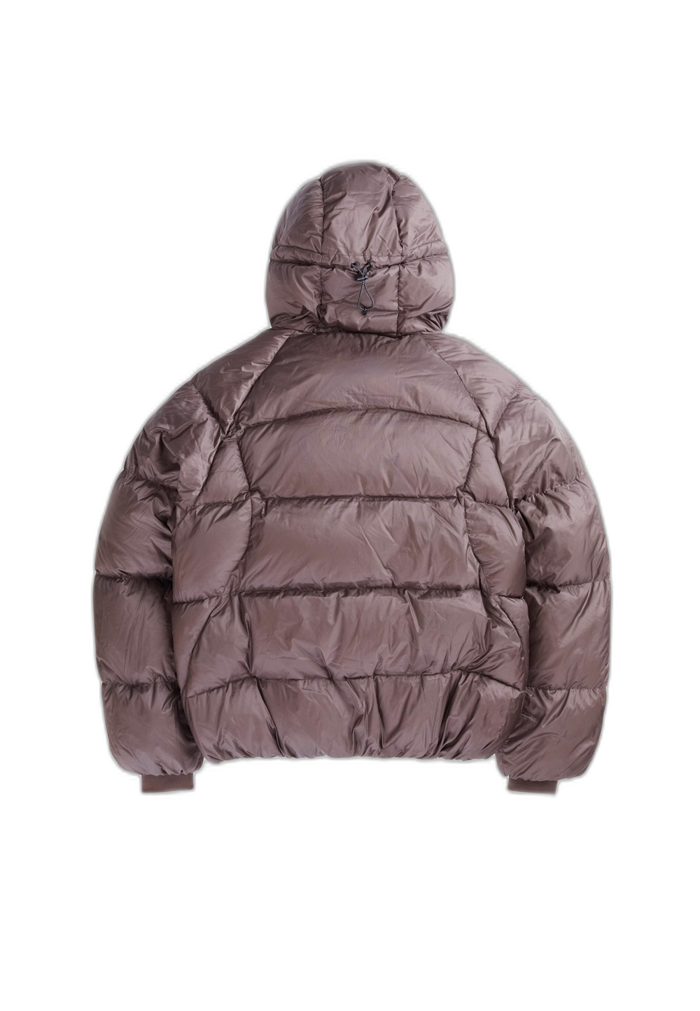 Oversized puffer jacket brown with adjustable hood and durable water repellent fabric.