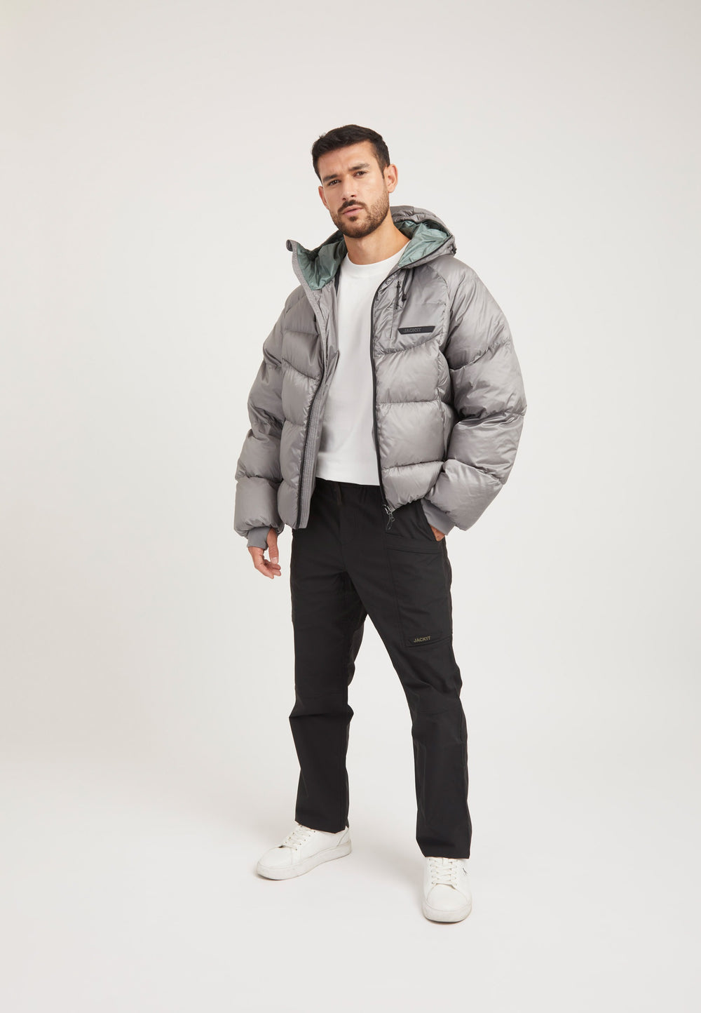 Bubble Jacket Grey on model detail by JACK1T