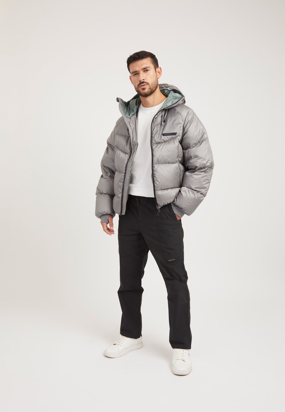 Bubble Jacket Grey on model detail by JACK1T