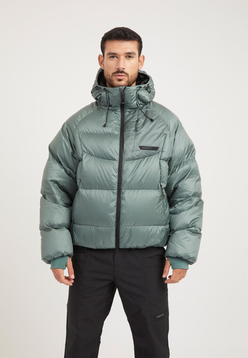 Bubble Jacket Green on model front view by JACK1T