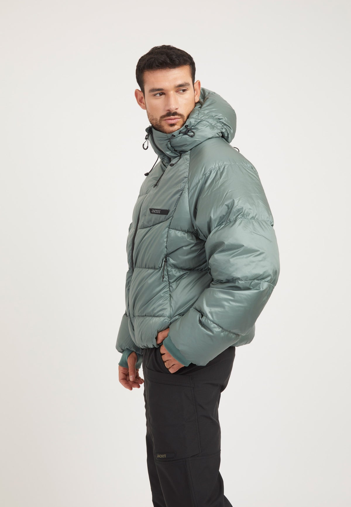 Bubble Jacket Green on model back view by JACK1T