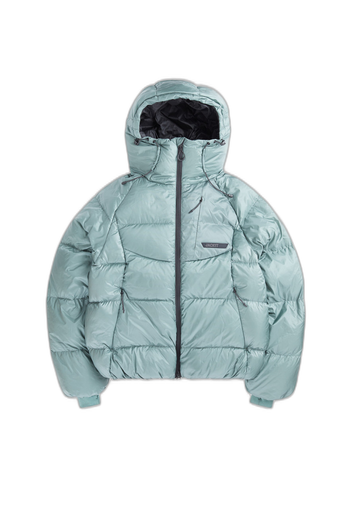 oversized puffer jacket green, featuring an adjustable hood and durable water repellent fabric.