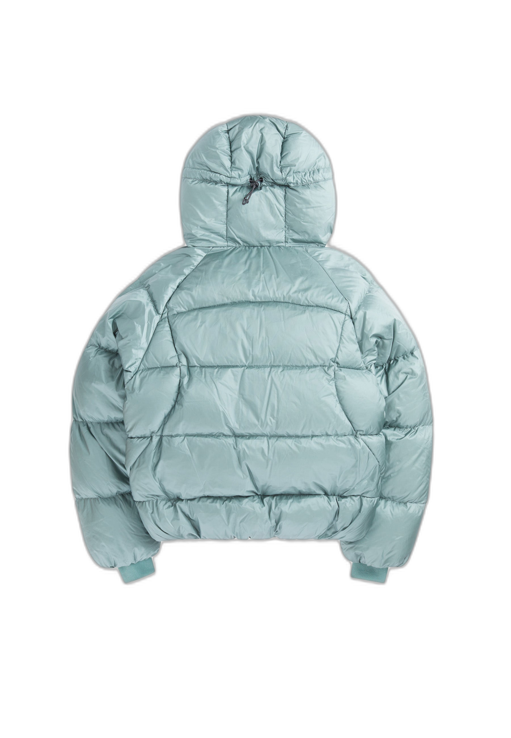 Back view of an oversized puffer jacket green with a hood and modern silhouette.
