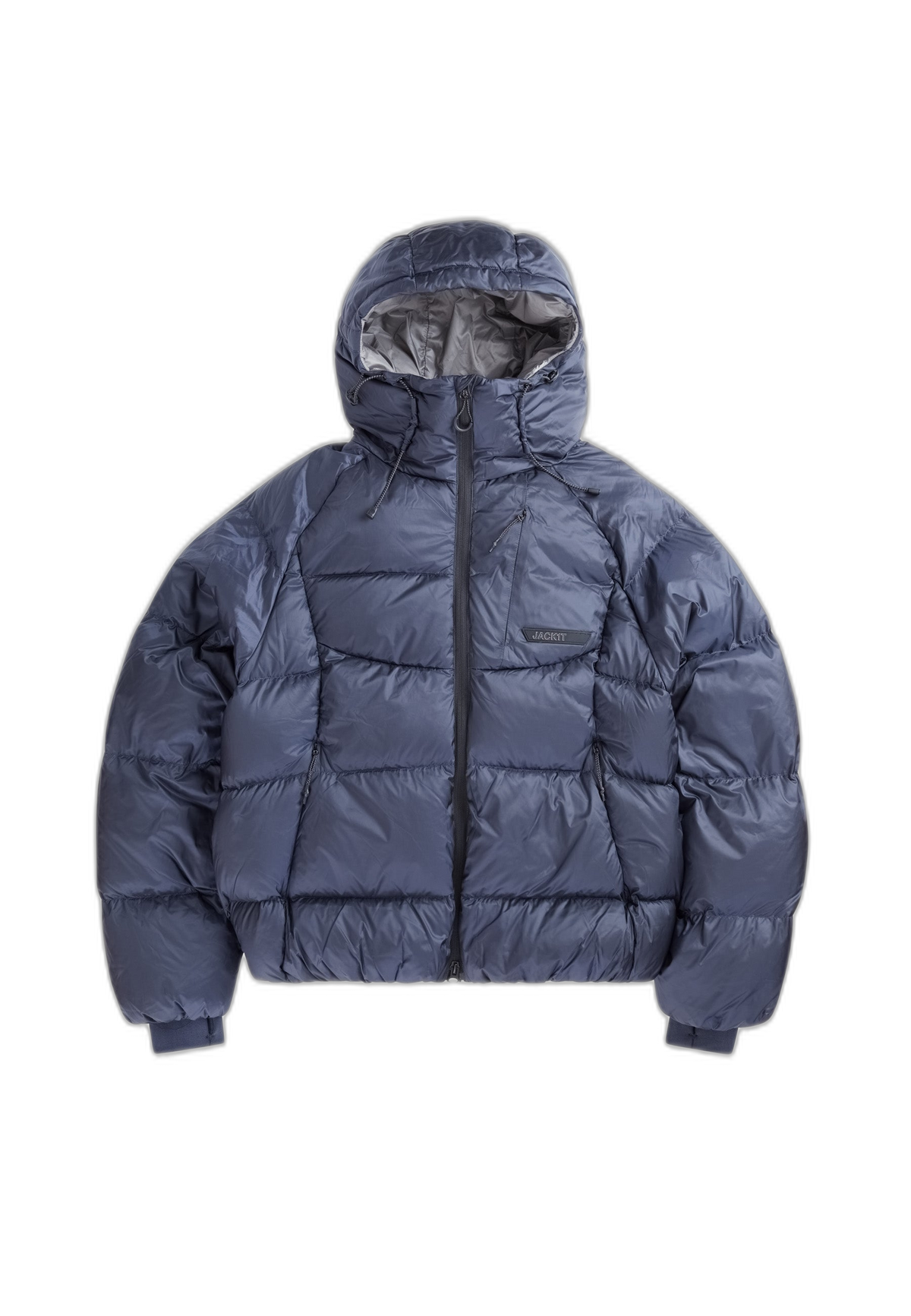 Oversized puffer jacket navy featuring RDS certified down fill and adjustable hood.
